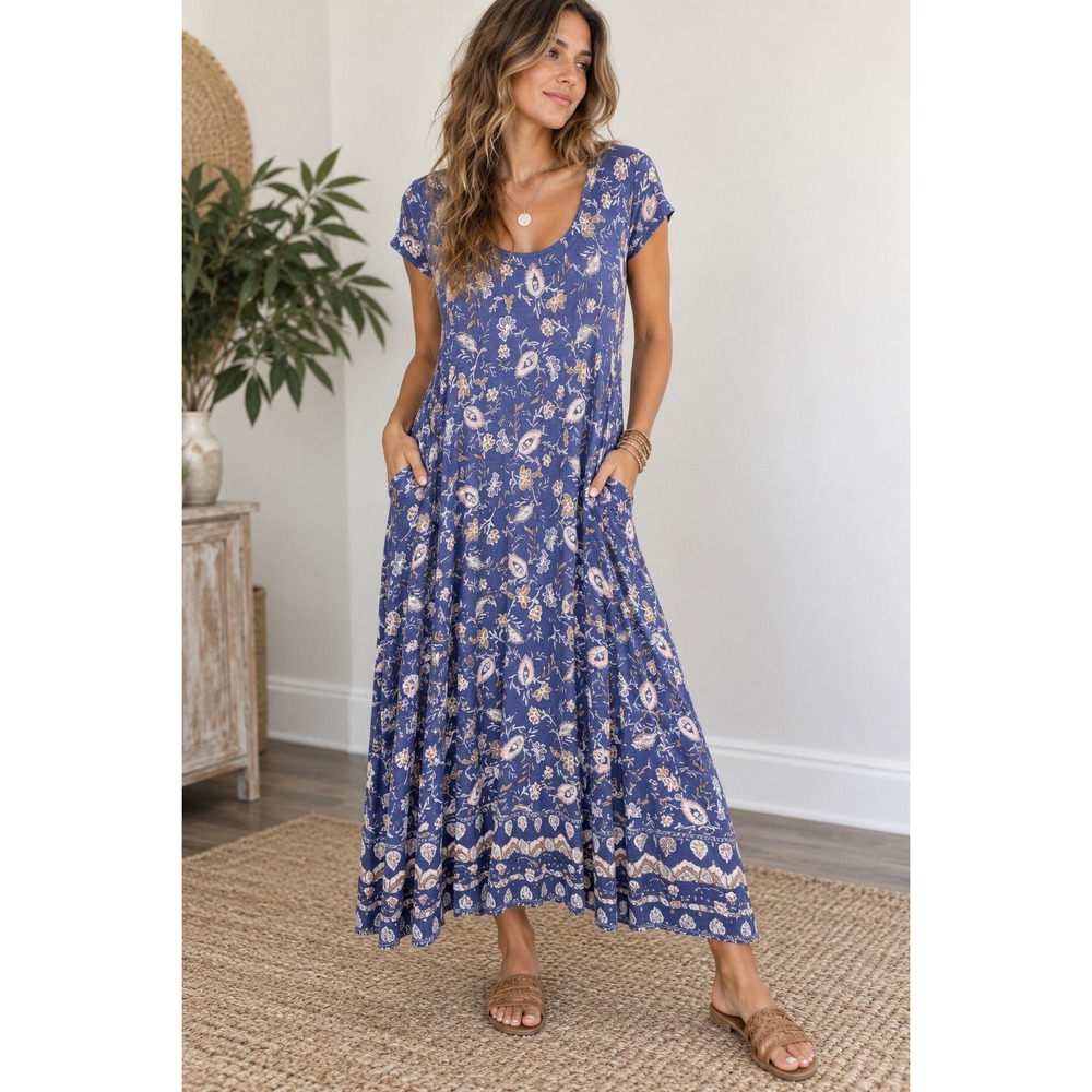 J. Jill Womens XL Maxi Dress Blue Floral Paisley Cap Sleeve Pockets Boho Casual